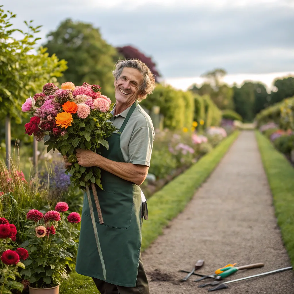 Gardener proudly holding flowers