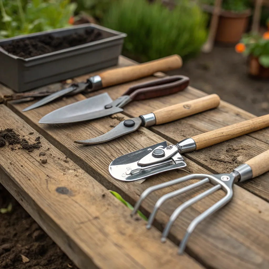 Gardening tools and plants