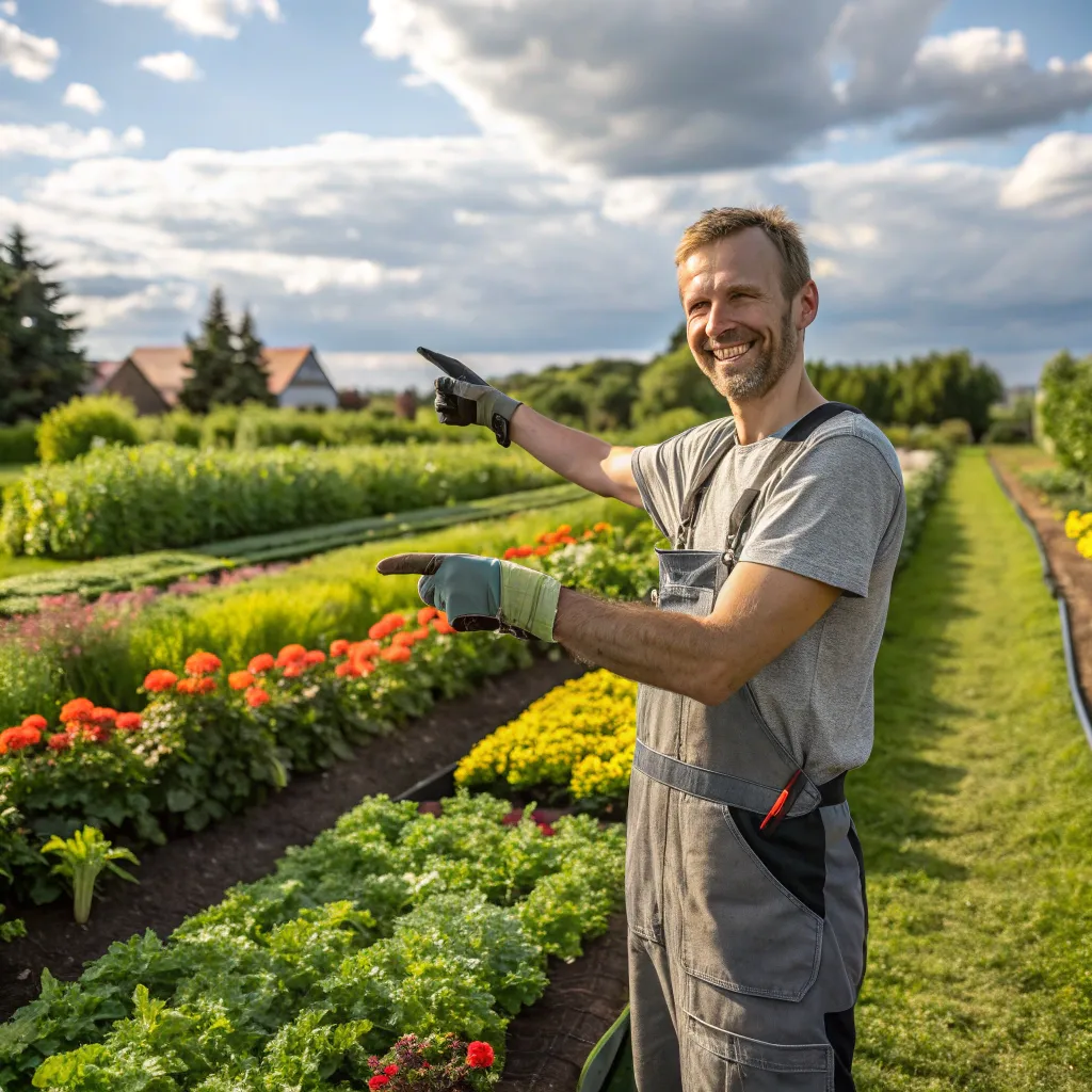 Proud gardener showing off his garden